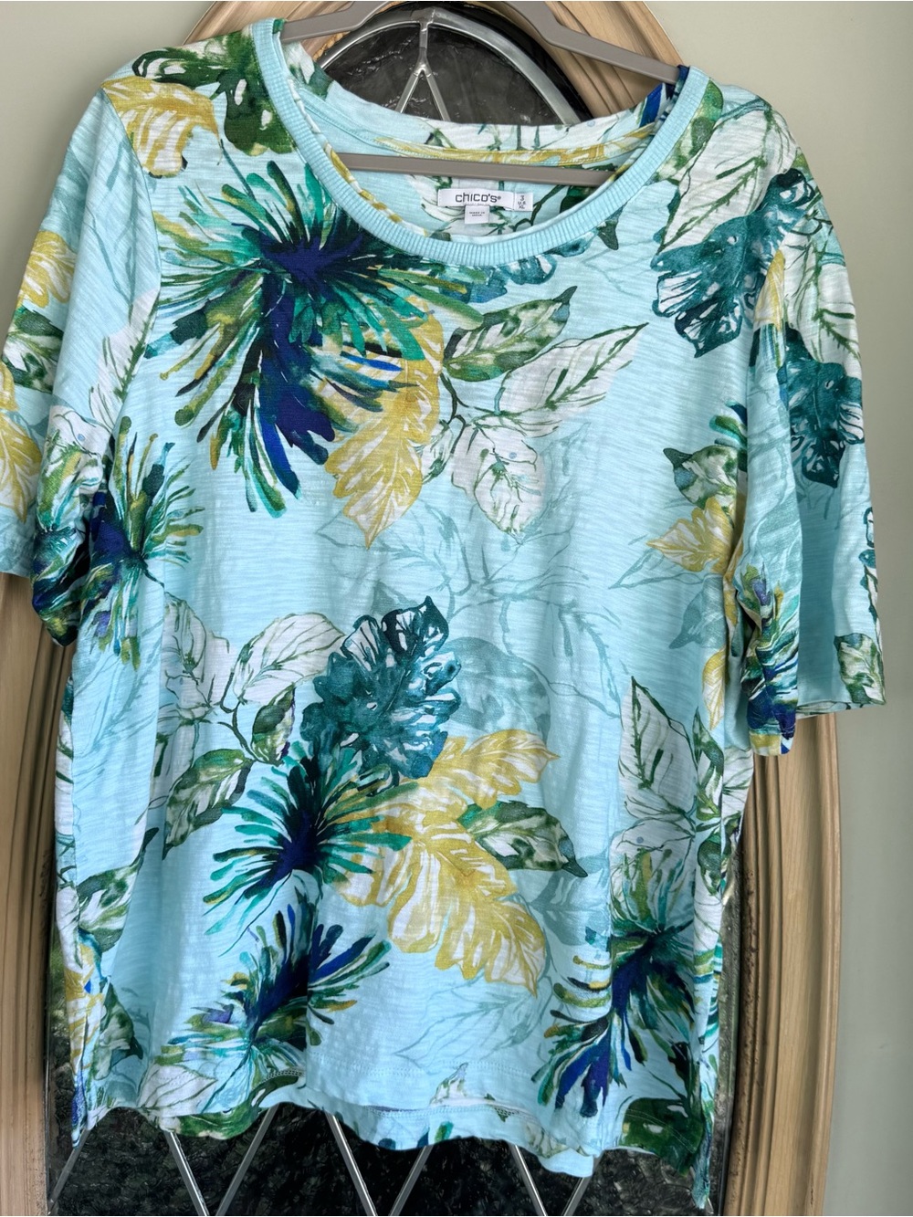 Chico's Aqua Blue Floral Short-Sleeve Tee